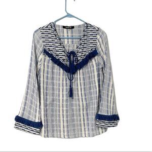 🟢Sugar + Lips Cream & Blue Woven Blouse XS